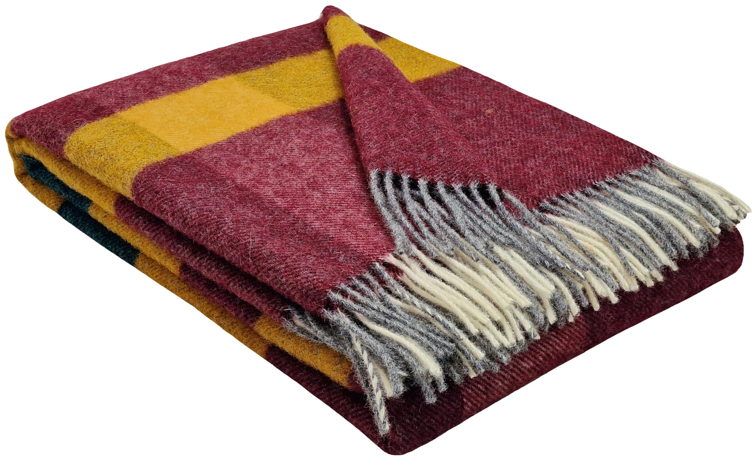 Coperta in lana vergine al 100%, disponibile in vari colori, copriletto, plaid in lana vergine Tirol, 140 x 200 cm (Giallo Senape-Verde-Rosso (Quadrati))