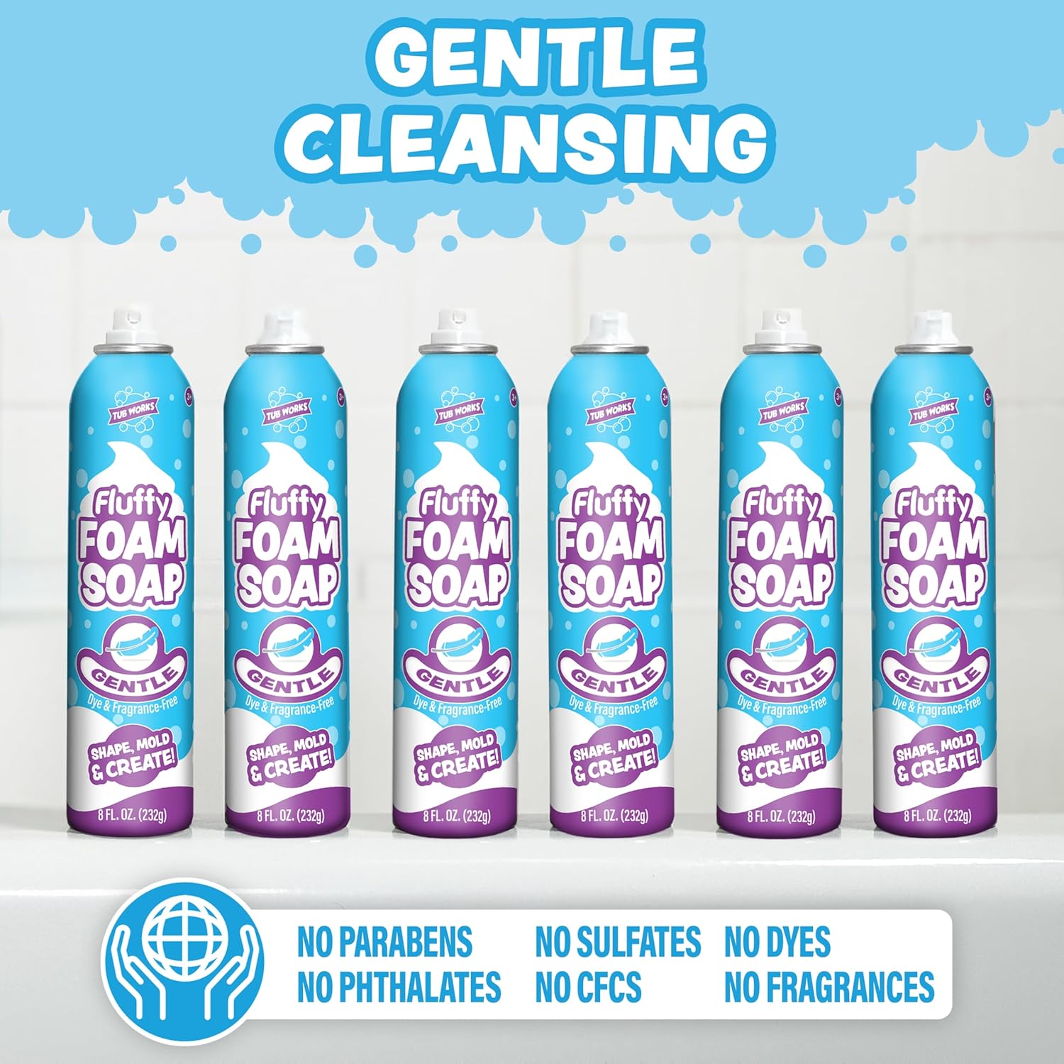 Tub Works™ Fluffy Foam Soap, White, 6 Pack | Shape, Mold & Create Bathtub Art with Soft Bath Foam for Kids | Fragrance-Free & Dye-Free Kids Bath Soap | Easy-to-Use Spray Nozzles