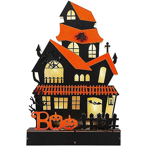 Lulu Home Halloween Tabletop Decoration, Wooden Lighted Boo Haunted House