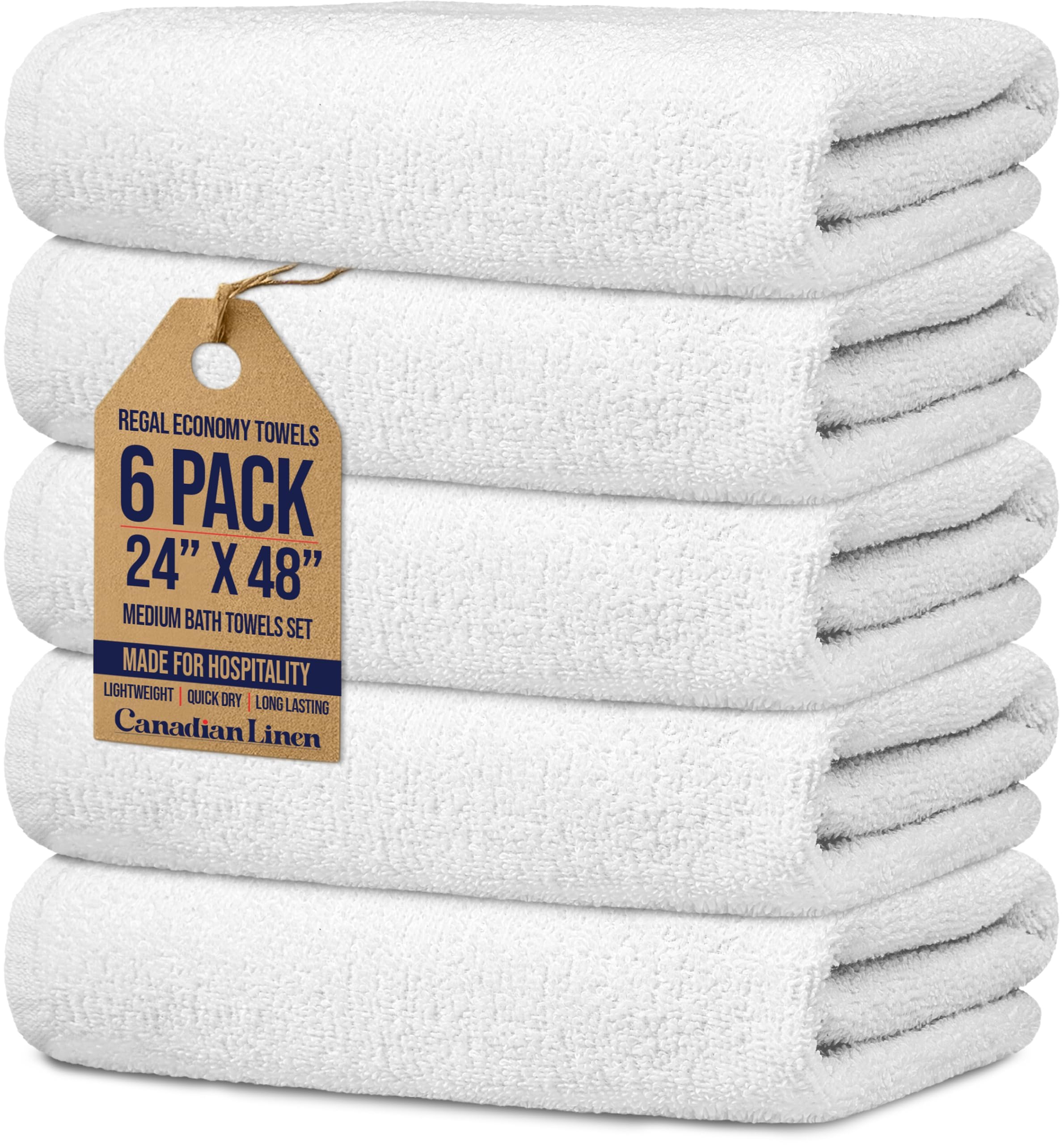 Canadian Linen Absorbent Quick Dry Bath Towels 24x48" 6 Pack White Lightweight Cotton for Hotels Spas Gyms
