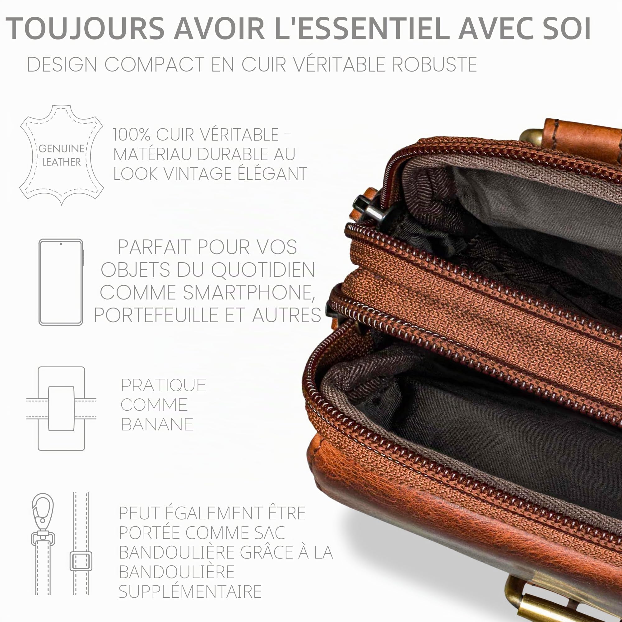 ROYALZ "Dalton Sac bandoulière homme cuir véritable | Sacoche vintage 3-en-1 : petite sacoche à bandoulière, sac téléphone et sac ceinture, compact et élégant