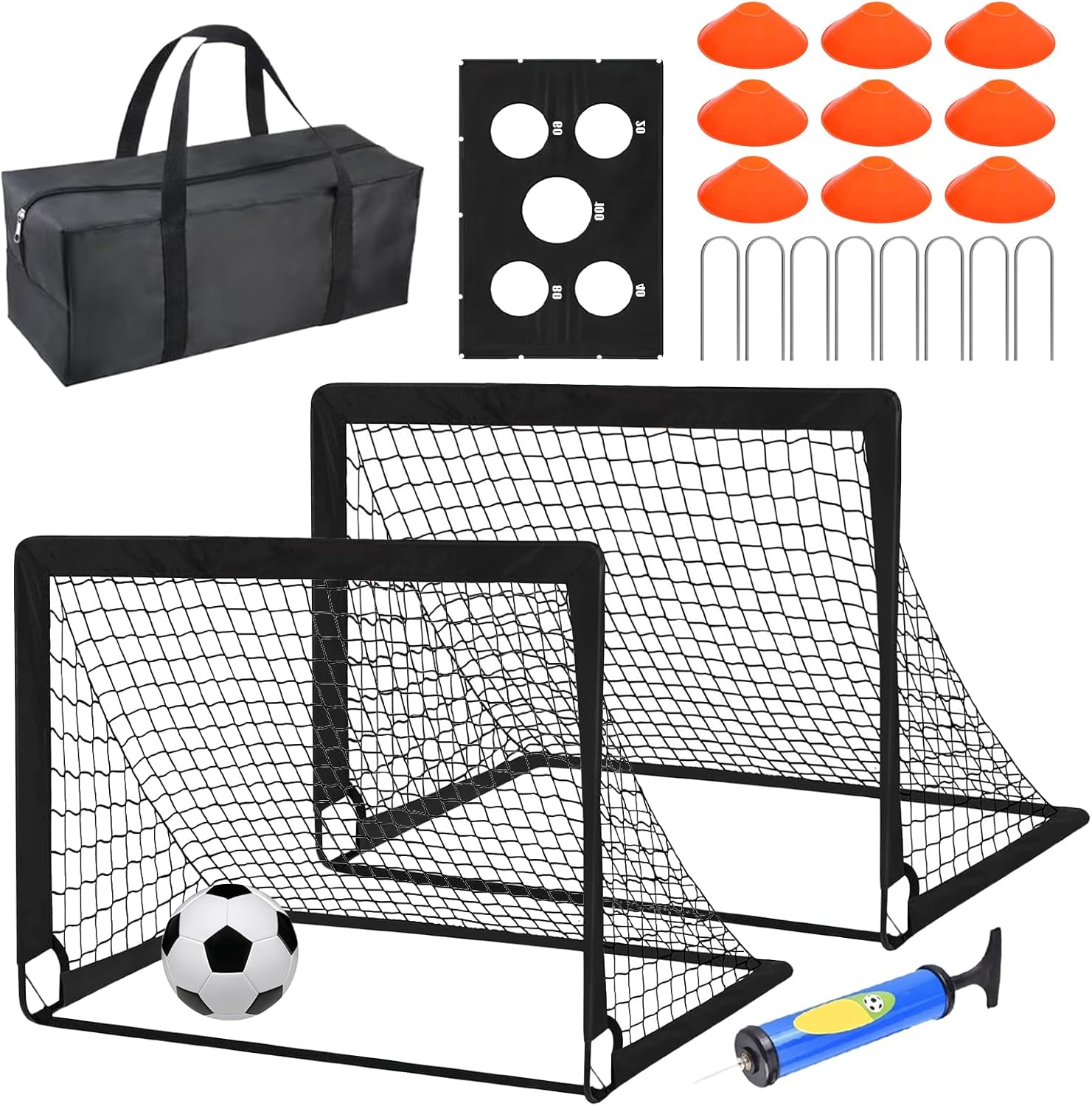 Kids Soccer Net Set, 120 x 90cm Training Goal, 2-Piece Backyard Soccer Equipment, Includes Ball, Target and Cones, Portable Practice Net, for Playground Field Court Outdoor Indoor Fun Training