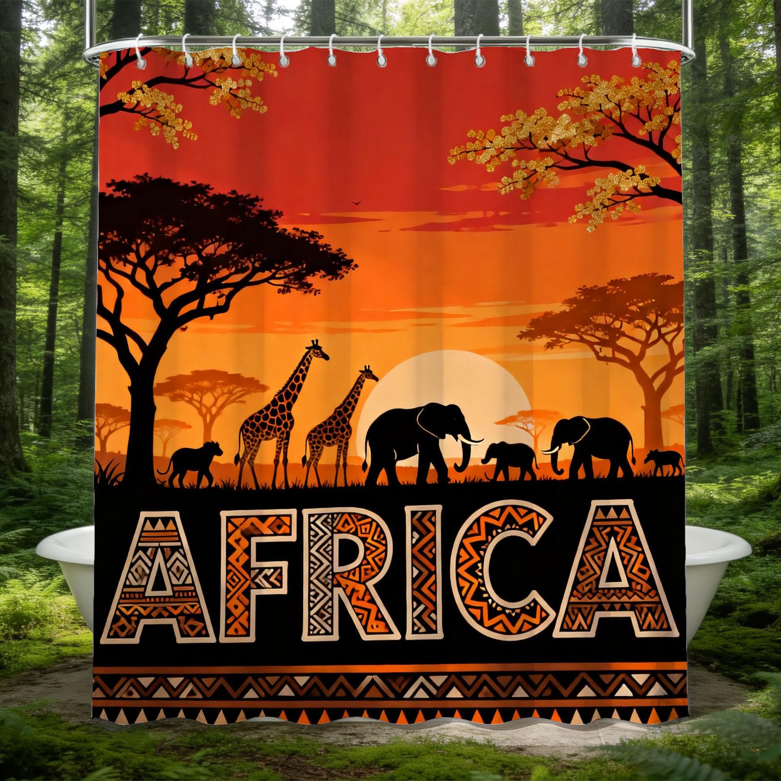 Hongduo White 3D African Grassland Shower Curtain For Stalls Bathtubs Sunset Bathroom Decor Shower Curtain Set Polyester Fabric Waterproof 180X180cm/71X71 Inch With Hooks