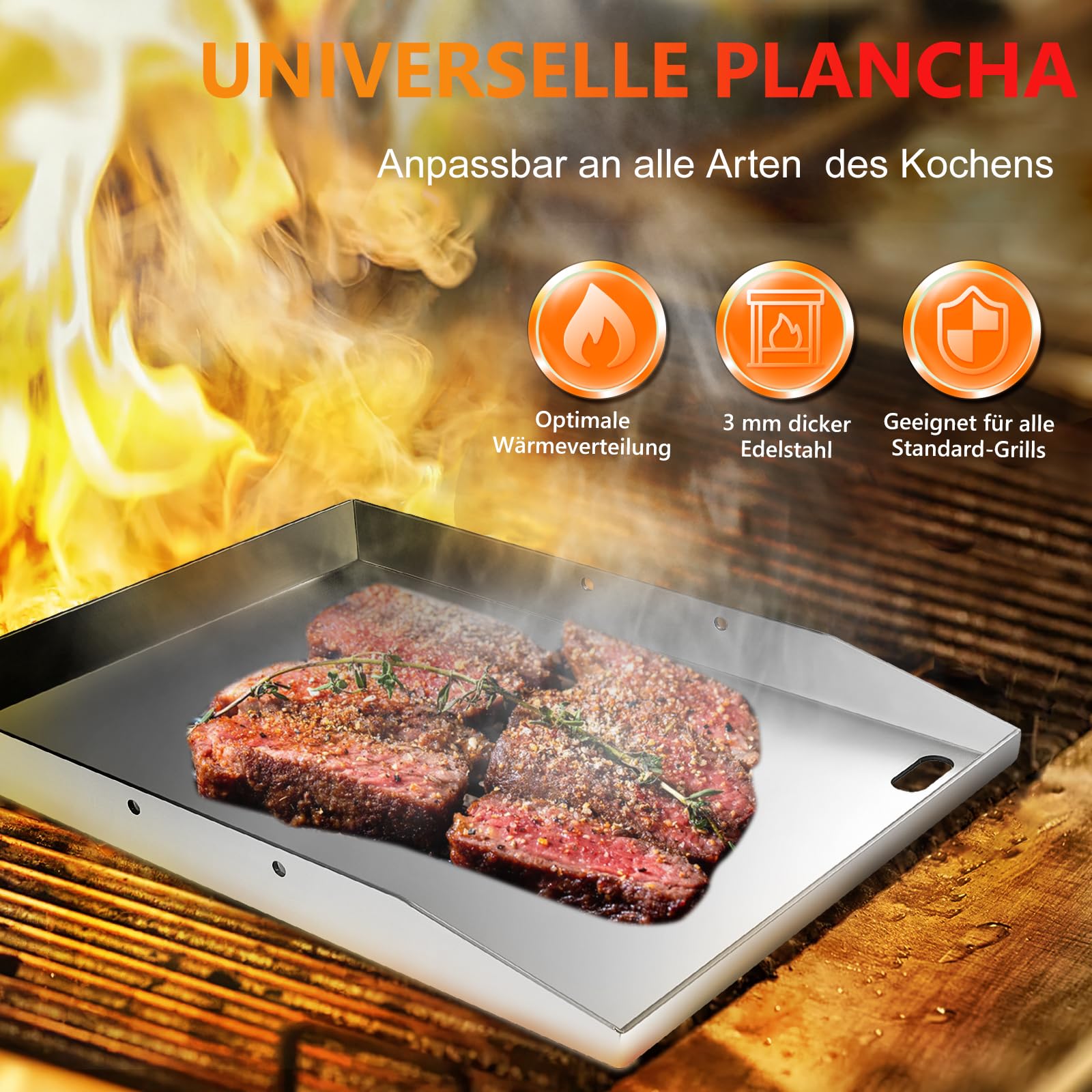 Plancha Grillplatte, Premium Plancha Set, 4 mm Edelstahl Plancha Grill Platte 40 x 30 cm für BBQ Gasgrill & Kohlegrill geeignet mit abnehmbarem Griff, Fettablauf, 3 Grillspatel-Set und 2 Ölpots