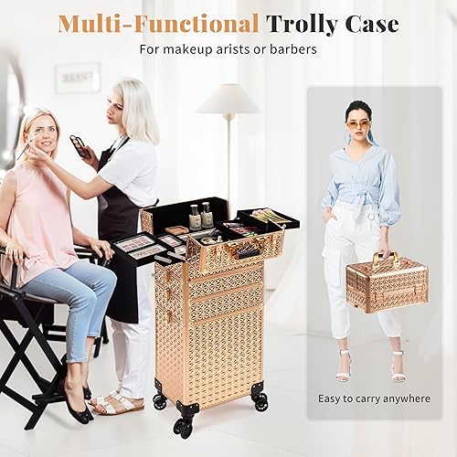 Miniatura 8 de Estuche de maquillaje profesional 5 en 1, estuche de aluminio para cosméticos, estuche de maquillaje con ruedas giratorias de 360 , Oro, Estuche de