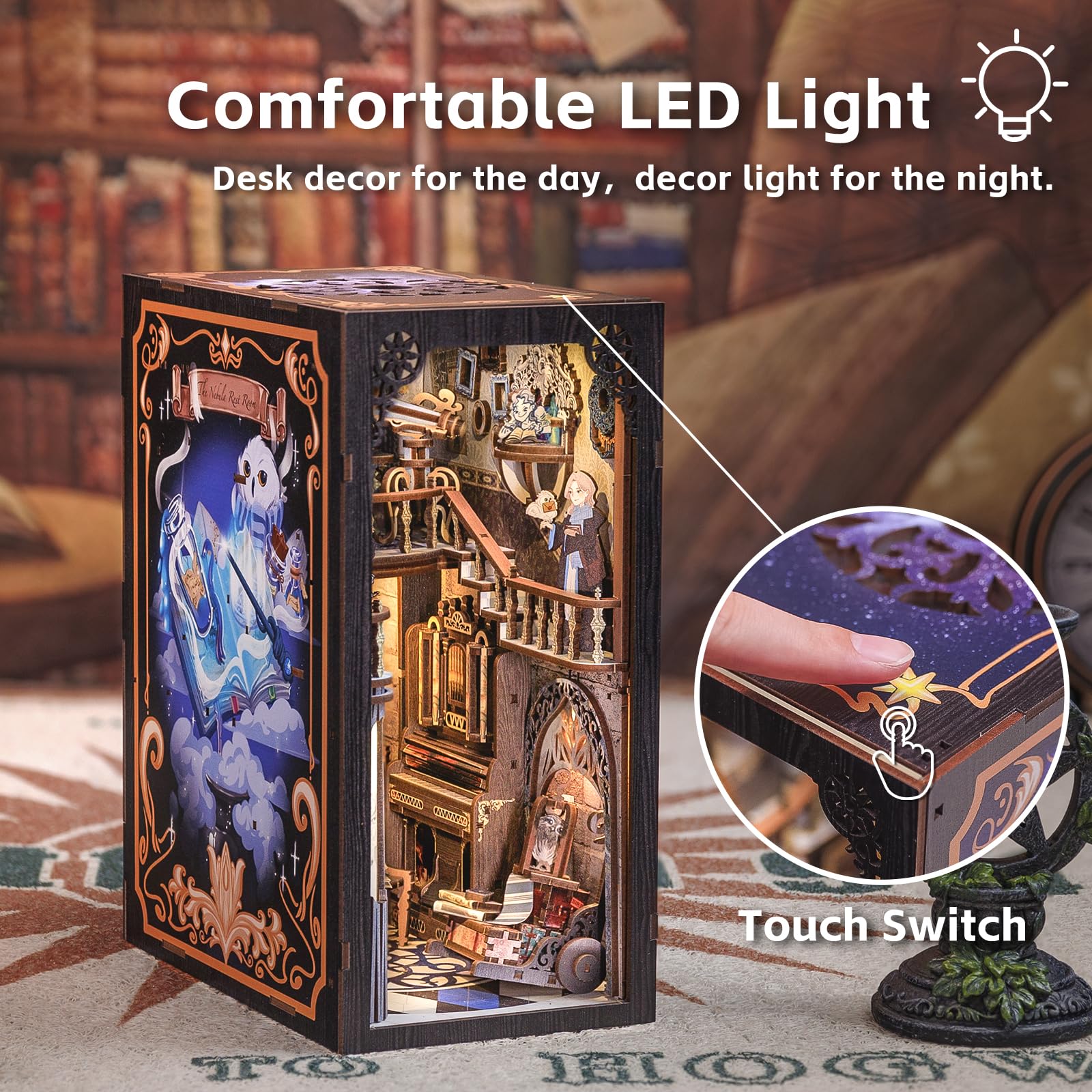 Cutefun DIY Book Nook - Kit per casa delle bambole in miniatura 3D, in legno, per libreria, con inserto per libreria, modello di costruzione, kit regalo creativo con luce (B The Nebula Rest Room)