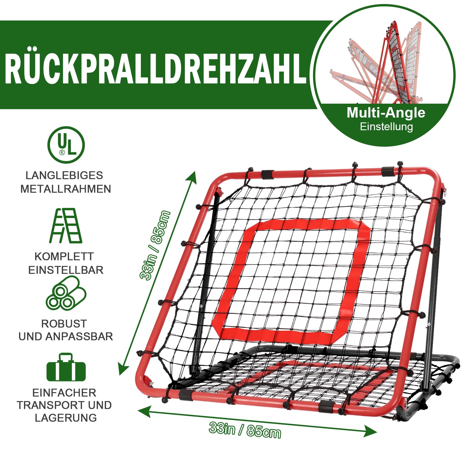 Rebounder für Fußball 85x85cm, Fußball Rebounder, Verstellbar mit 8 Winkeln, Doppellagiges Netz, Geeignet für das Ausübung Verschiedener Ballsportarten, Ideal für Teenager & Erwachsene