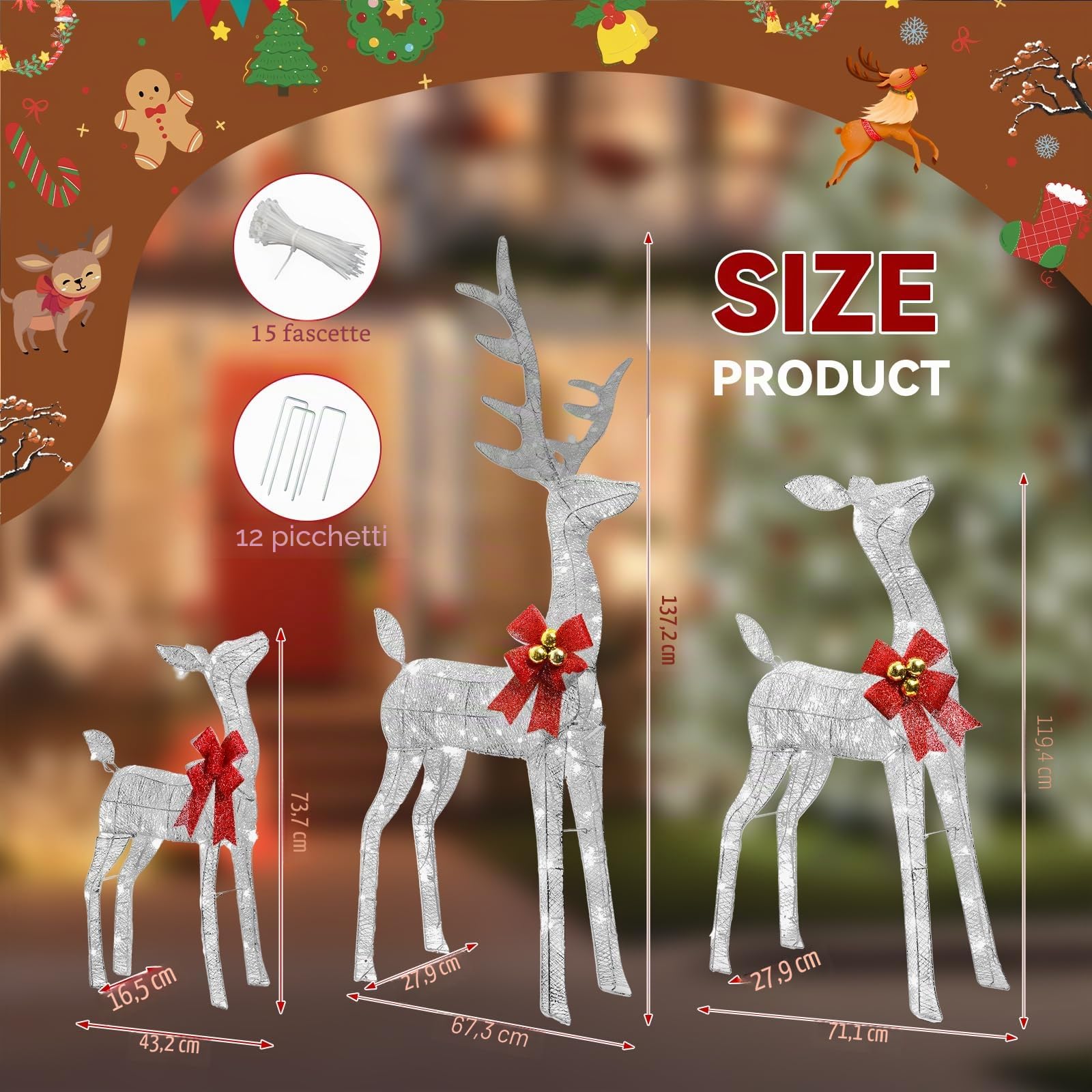 Decorazioni Natalizie da Esterno per Giardino: Famiglia di 3 Renne Luminose da Esterno, Telaio in Metallo Resistente e Impermeabile, Figure Natalizie LED XXL per Esterno Interno Giardino Balcone