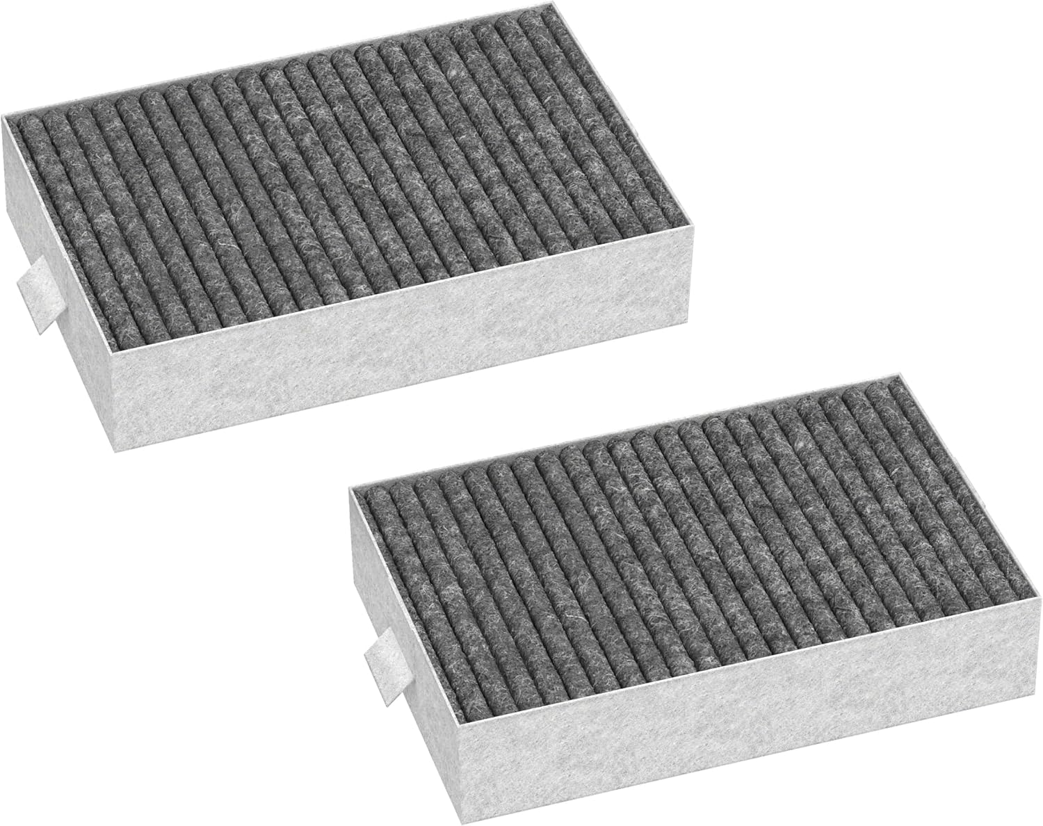 Two Miele Active AirClean charcoal filters, rectangular in shape with a grey pleated filter material inside a light grey frame.