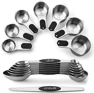 Spring Chef Magnetic Measuring Cups & Spoons Set - Heavy Duty Stainless Steel, Dual Sided Fits Spice Jars, 15 Piece with Leveler Black