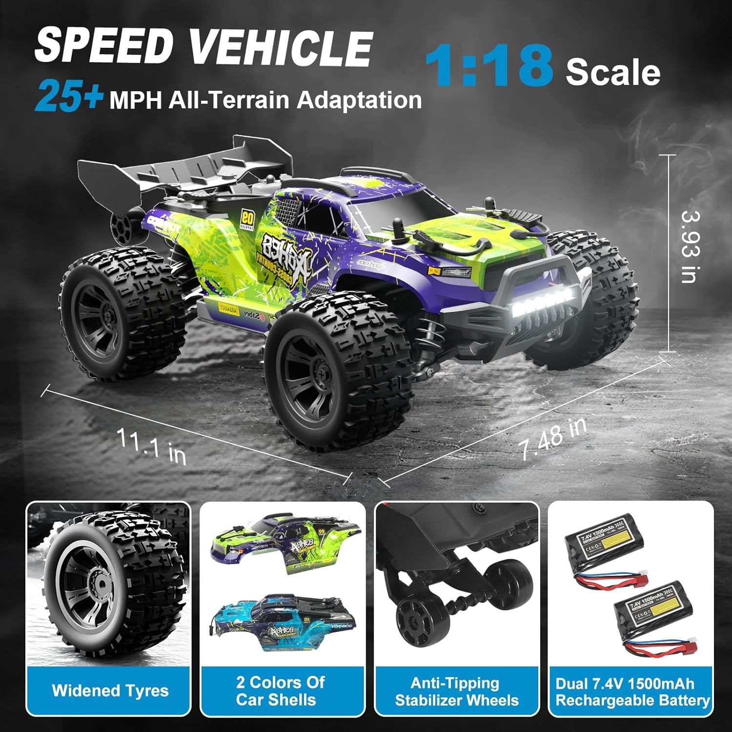 1:18 Scale 4WD High-Speed RC Car, 25 MPH Off-Road Remote Control Truck for Adults & Teens - All Terrain Electric Vehicle with 2 Rechargeable Batteries & 2.4GHz - Gift Idea (1:18 Scale) - Image 2