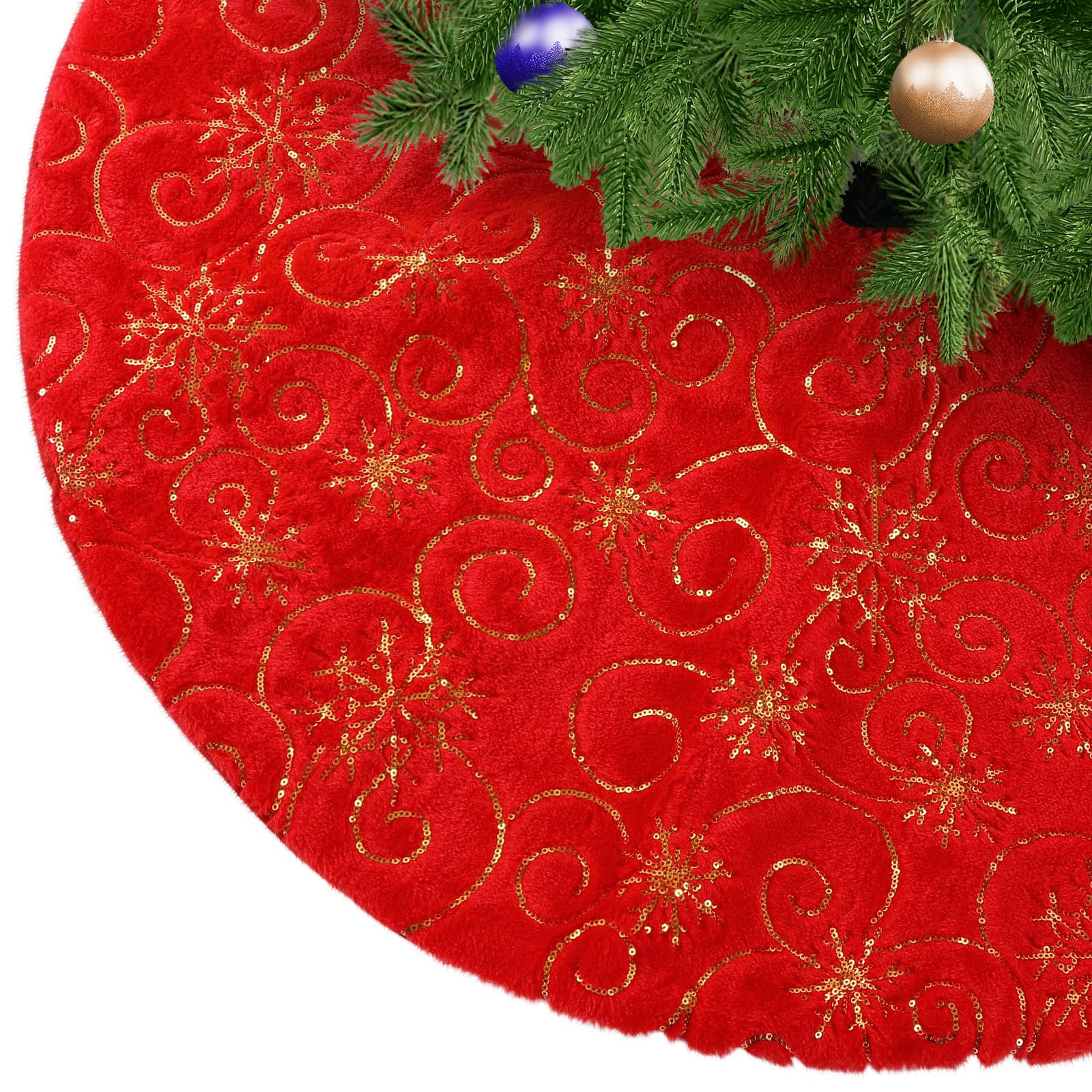 Jupe de Sapin de Noël Rouge KONVINIT - Tapis d'Arbre en Peluche avec Paillettes Dorées 78/90/120cm