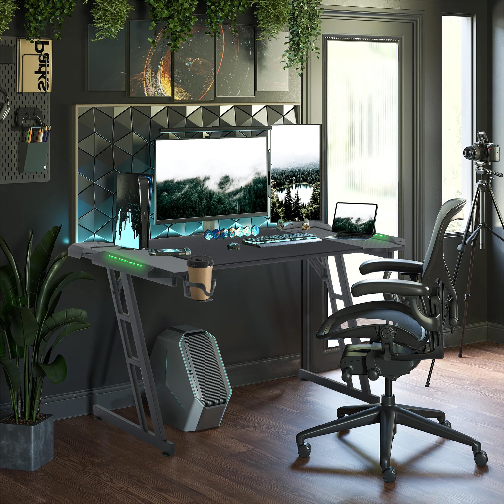 ACXIN Mesa de juegos con LED, 140 x 60 cm, ergonómica, en forma de Z, con gancho para auriculares, soporte para bebidas y aspecto de fibra de carbono, escritorio para videojuegos para PC, portátil y