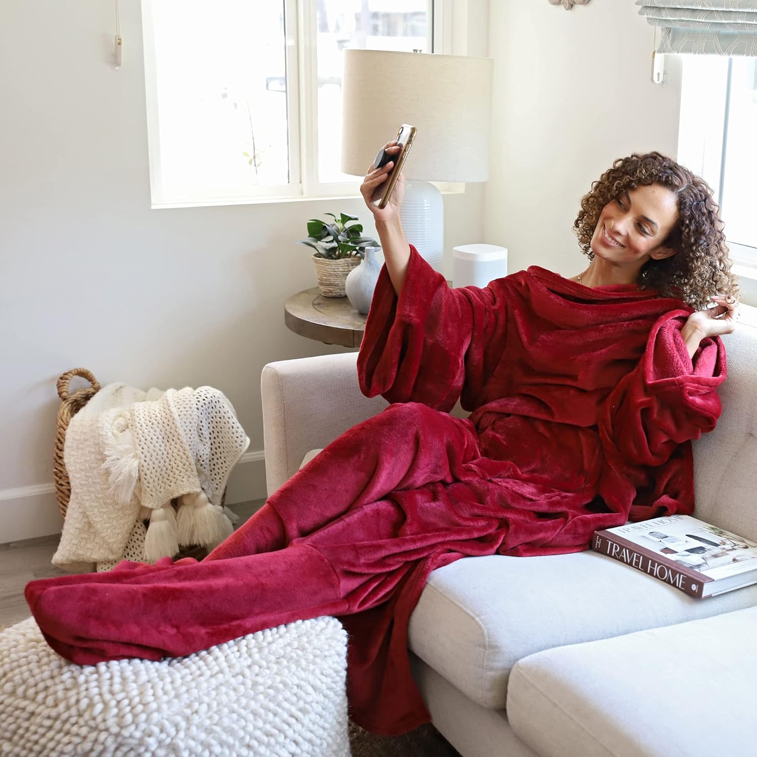 Catalonia Wearable Fleece Blanket with Sleeves and Foot Pockets for Adult Women Men, Micro Plush Comfy Wrap Sleeved Throw Blanket Robe Large, Wine - Image 2