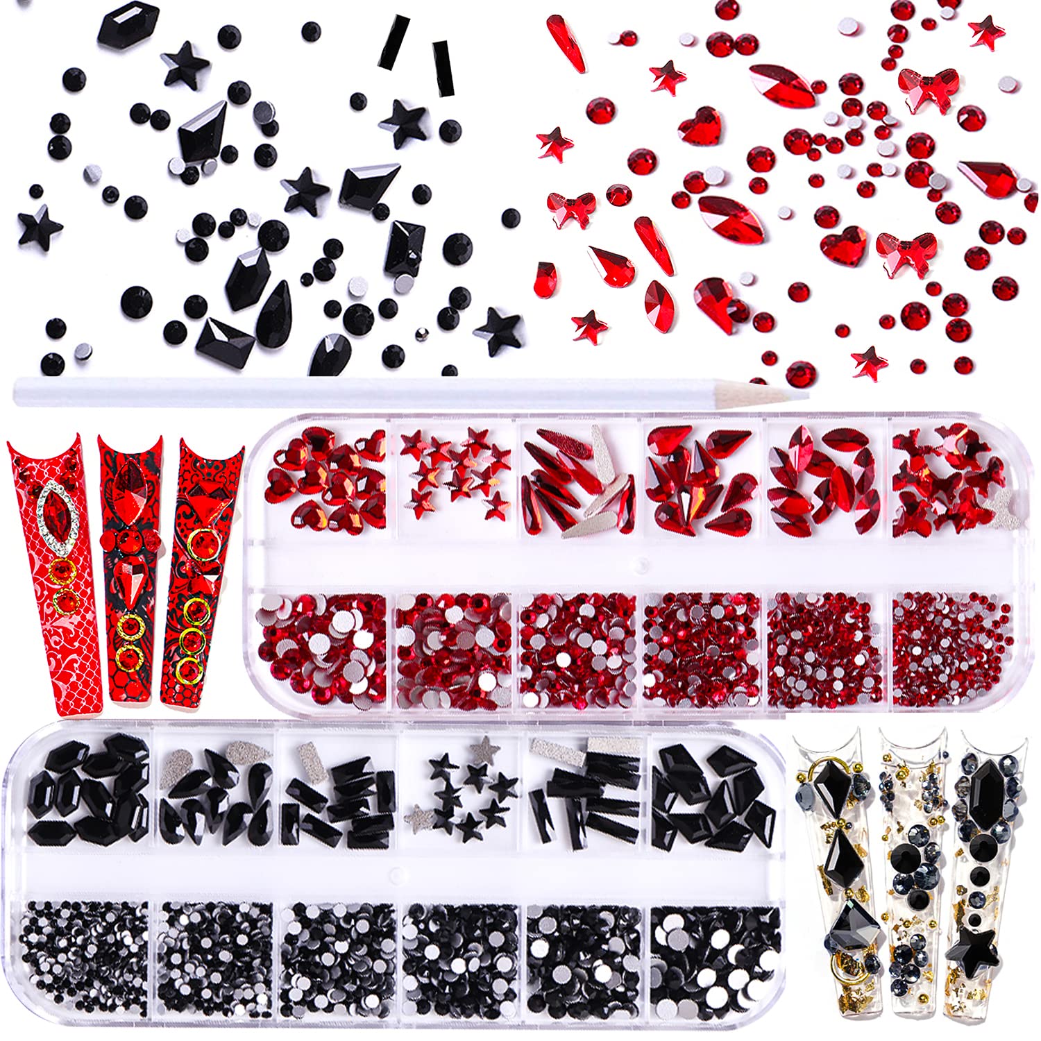 Kamienie stras z płaskim tyłem, okrągłe, ze szkła kryształowego, kamienie szlachetne, 6 rozmiarów (1,5-4 mm), różne kształty, z długopisem, do majsterkowania, do zdobienia paznokci, ubrań