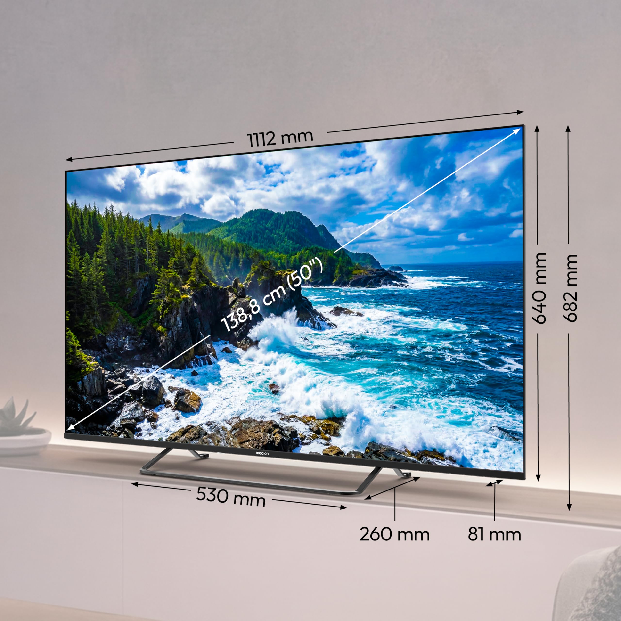 MEDION 125.7 cm 50" Televisor QLED Ultra HD Smart TV Dolby Vision HDR Dolby Atmos Vida Store Prime Video Disney+ DAZN HbbTV PVR Bluetooth HD+, MD850602