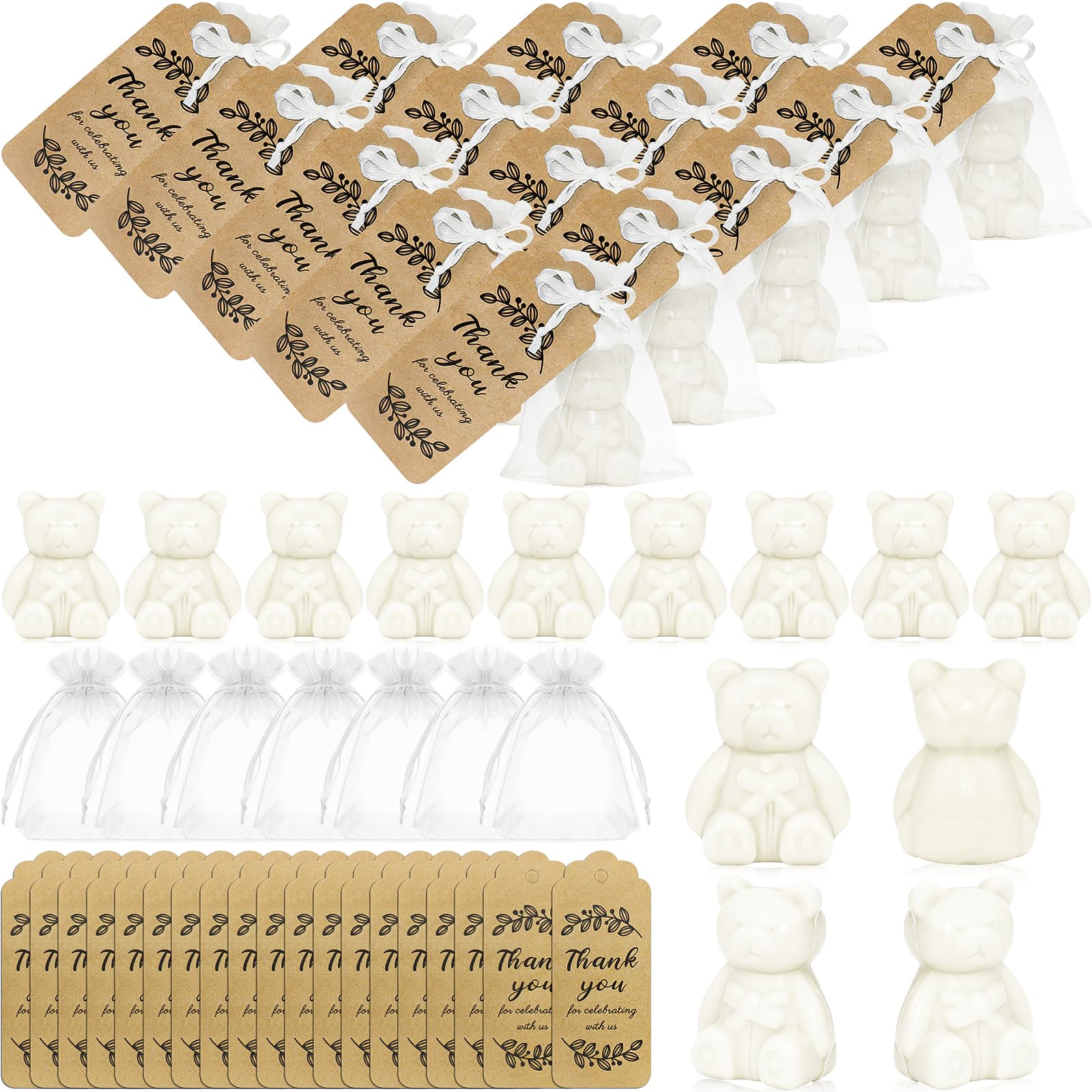 50 Pack Baby Shower Soap Favours, White Bear Soaps with Organza Bags