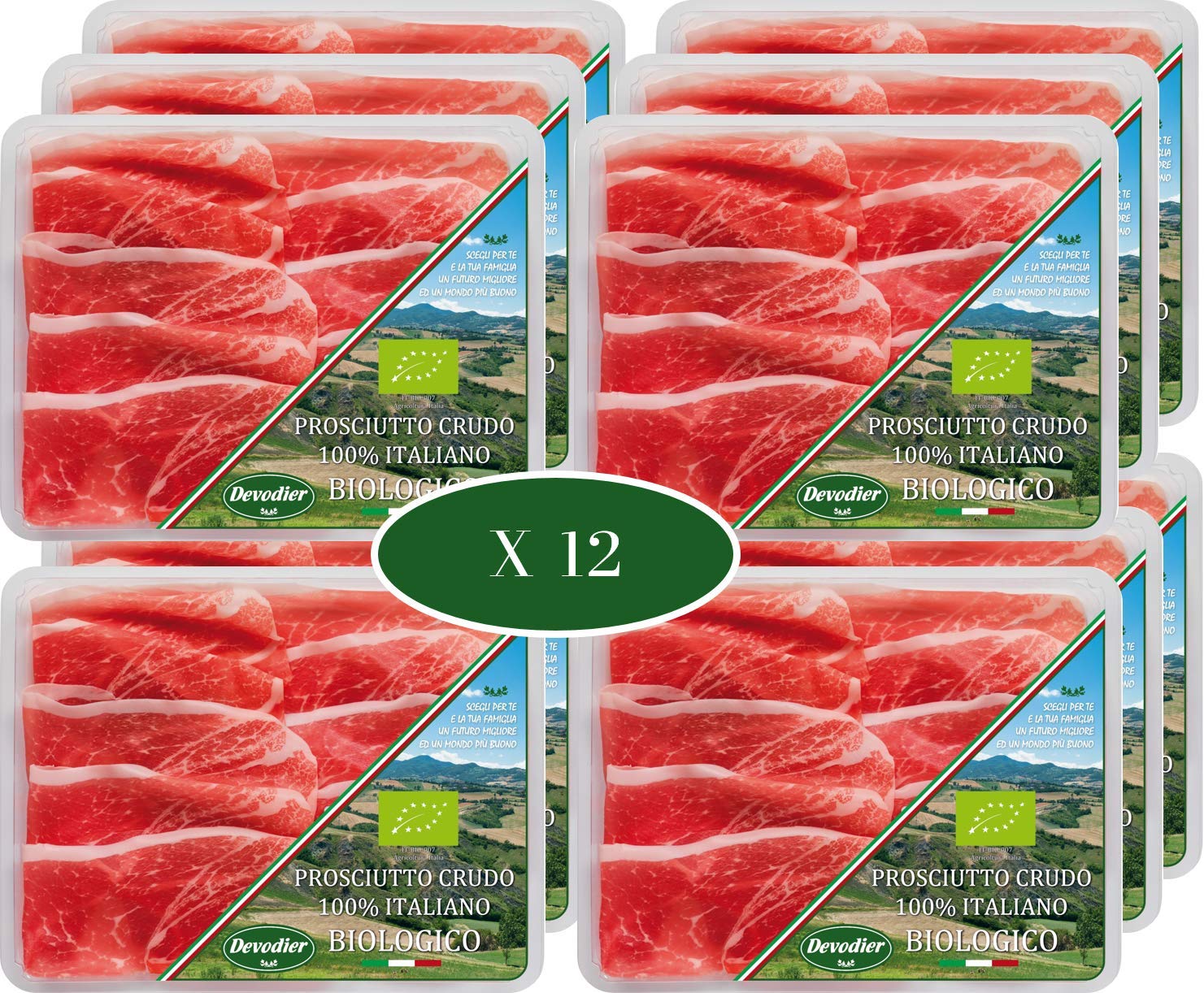 Prosciutto Italiano BIO DEVODIER Biologico Riserva Affettato 70g - Confezione da 12 vaschette (Stagionatura Min. 20 Mesi)