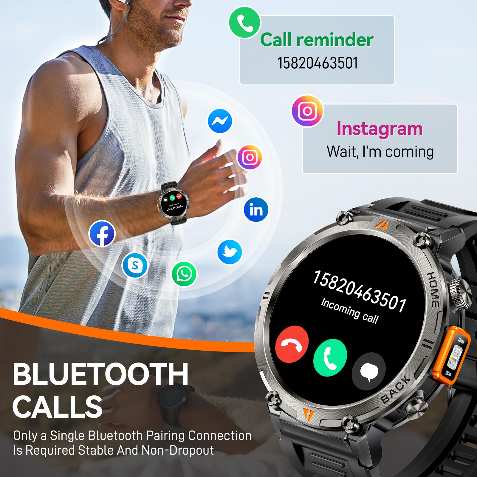 Foxhawk Smart Watch militare con localizzatore GPS, 1,44 pollici HD robusto Smart Watch con torcia a LED bussola, 3ATM impermeabile Smartwatch tattico per iOS Android, orologio fitness da uomo