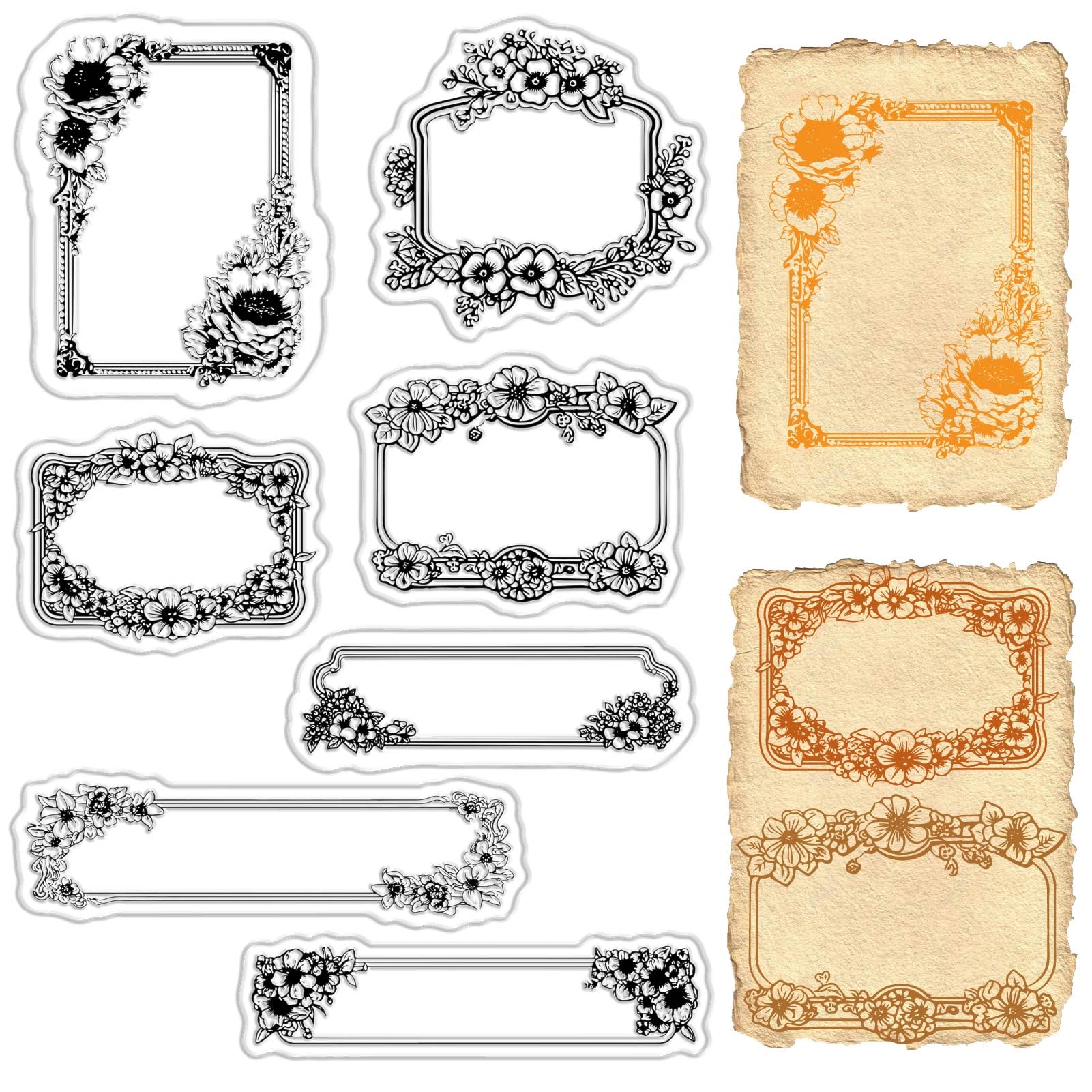 CRASPIRE Frame Rubber Stamps Label Clear Stamps Retro Flower Frames Vintage Transparent Stamp Seals Sheets for DIY Making Handmade Journaling Card Scrapbooking Photo Album Notebook Decorations