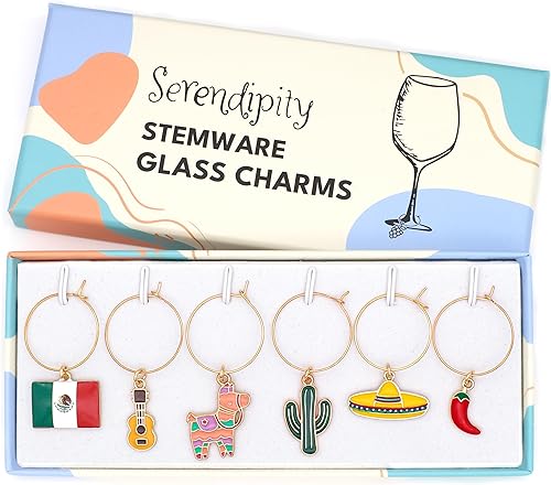 Mexico Wine Glass Charms, Mexican Gift Idea, Fiesta Decor, Set of 6 Charms Include Piñata, Mexican Flag, Chili Pepper, Cactus, Guitar, Sombrero,