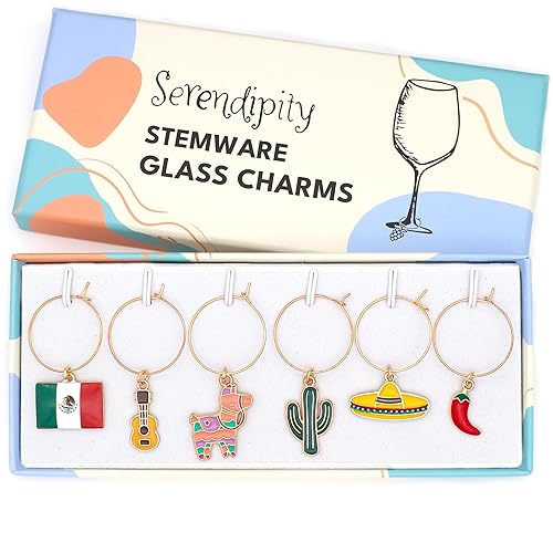 Mexico Wine Glass Charms, Mexican Gift Idea, Fiesta Decor, Set of 6 Charms Include Piñata, Mexican Flag, Chili Pepper, Cactus, Guitar, Sombrero,