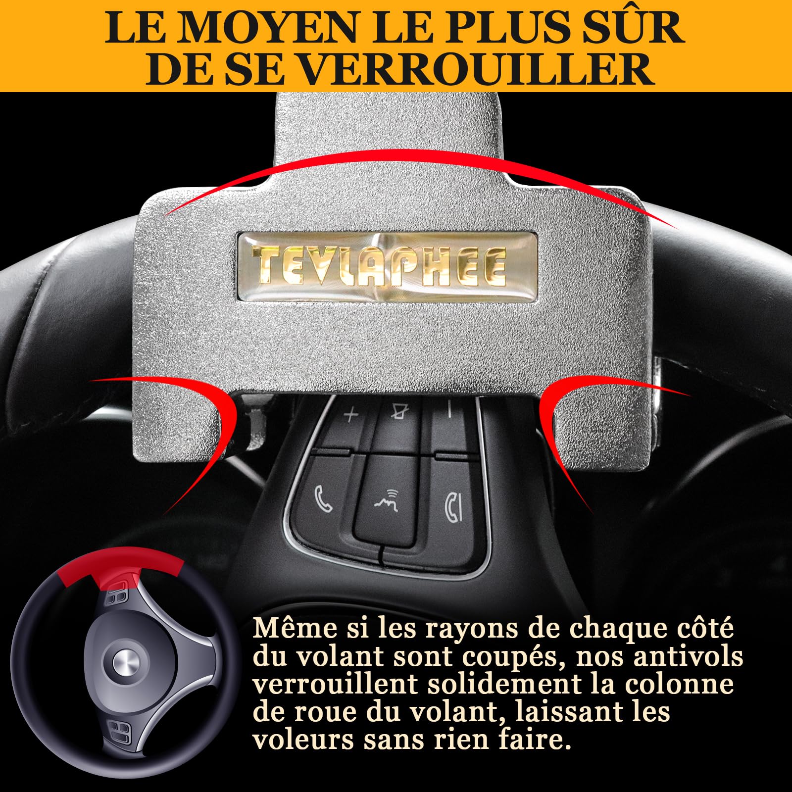 Tevlaphee Antivol Voiture 2En1, Canne Bloque Volant et Alarme Intelligente 120 DB, Ajustement Universel