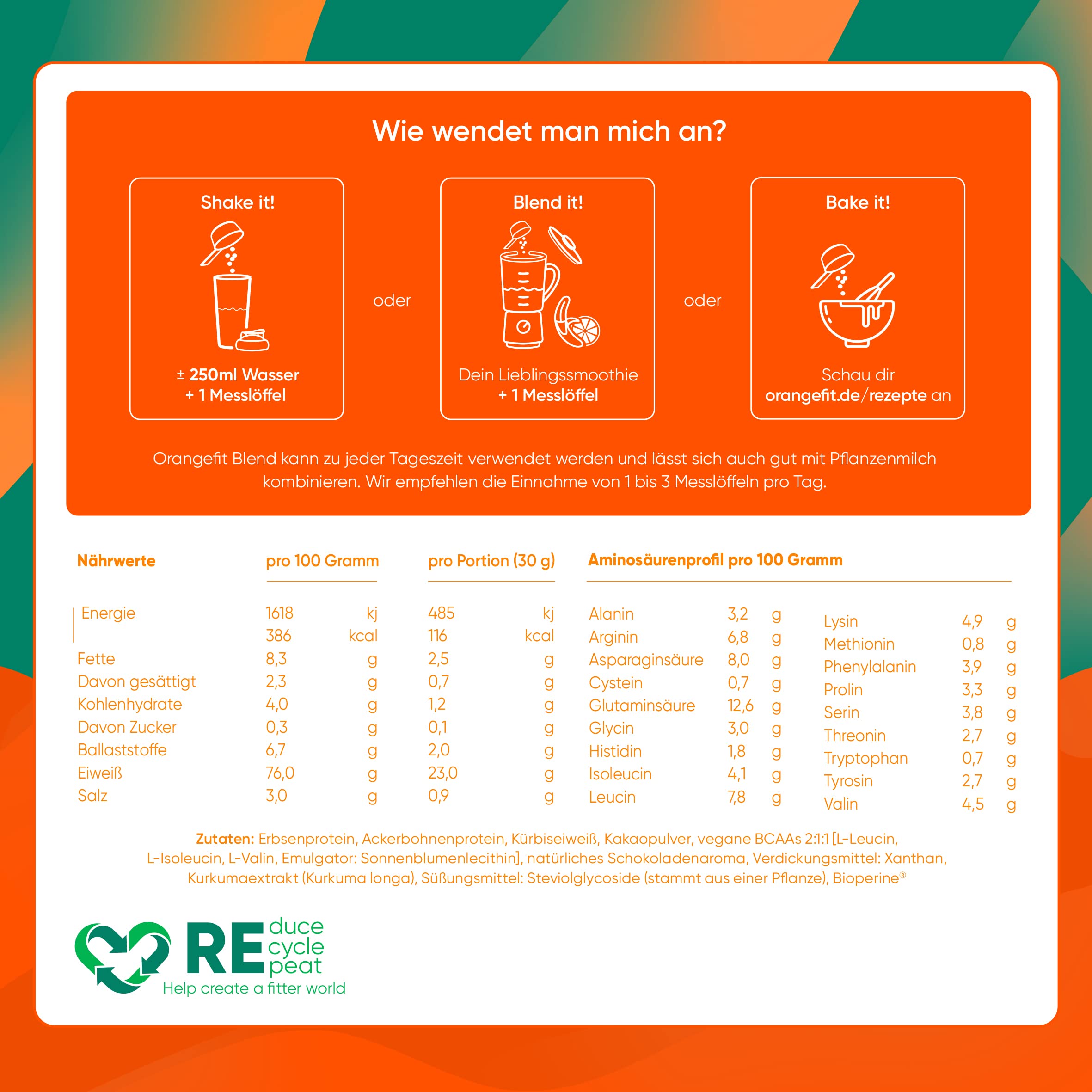 Orangefit Blend Mélange Poudre Proteine Vegan - Chocolat - 750g (25 shakes) - 3 Proteines Vegetales - Non Sucre - Avec BCAA et Curcuma