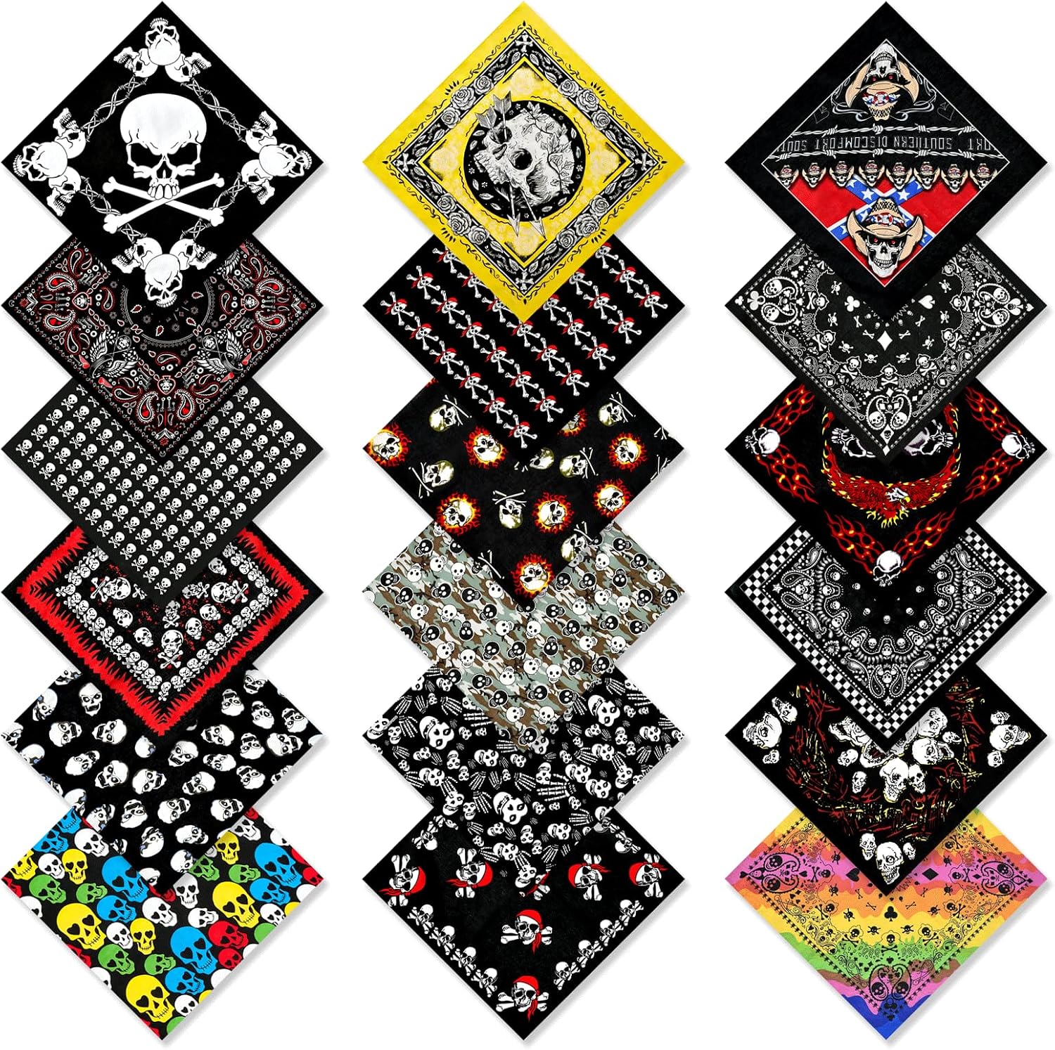 Bandanas For Men, Set of 18 22x22 Inch Large Skull Print Unisex Bandana Set