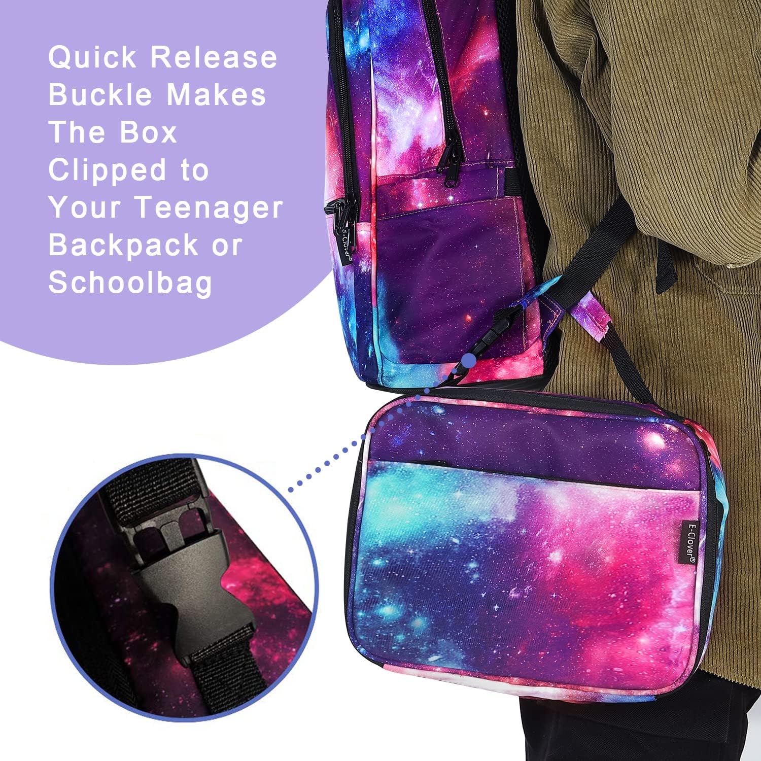 E-Clover Galaxy Backpack for Girls Kids Backpacks with Lunch Box Set School Bag for Elementary Kindergarten Purple Space