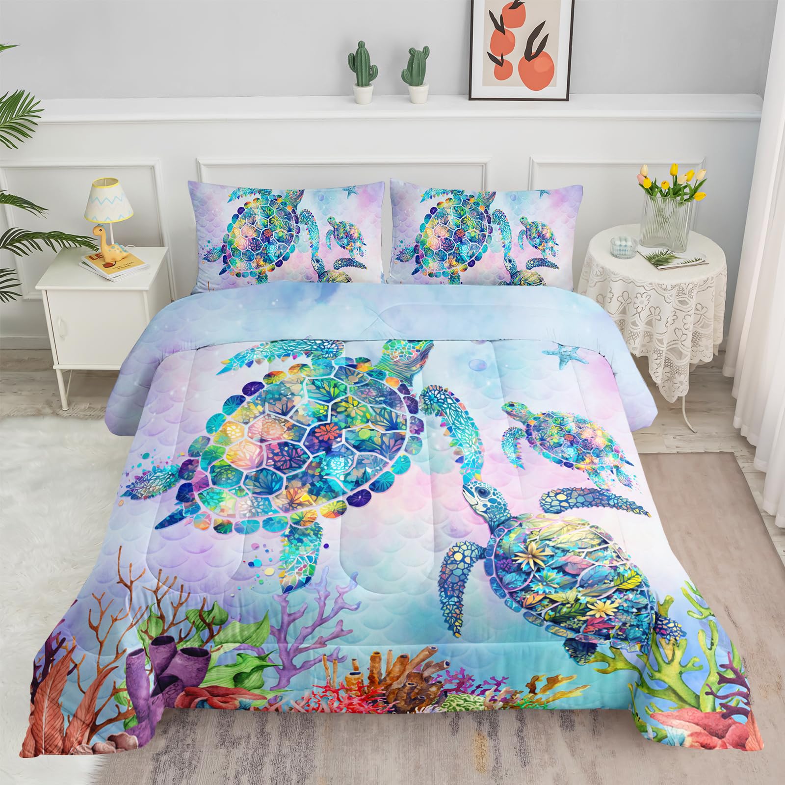 Sea Turtle Bedding Set Twin,Coastal Beach Themed Comforter Set,Mermaid  Scale Comforter Sets,Ocean Bedding Set,Sea Turtle Comforter Set for Kids  Teens