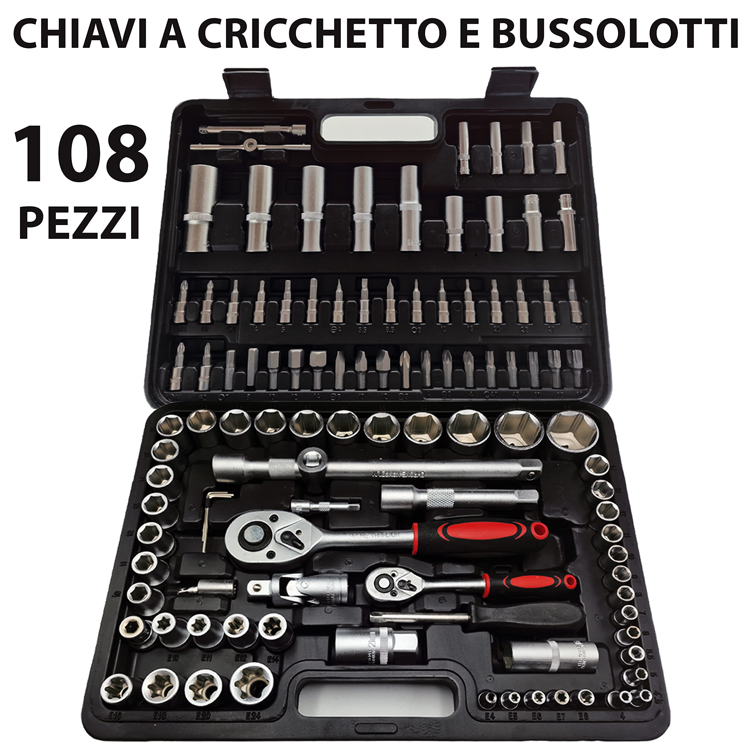 MAKA Valigetta Porta Attrezzi a Bussola Esagonali Professionale 108 Cricchetto Reversibile Pezzi Chiavi Inserti Avvitatori a Snodo Acciaio al Cromo Vanadio Punta Adattatore (108 Pezzi)