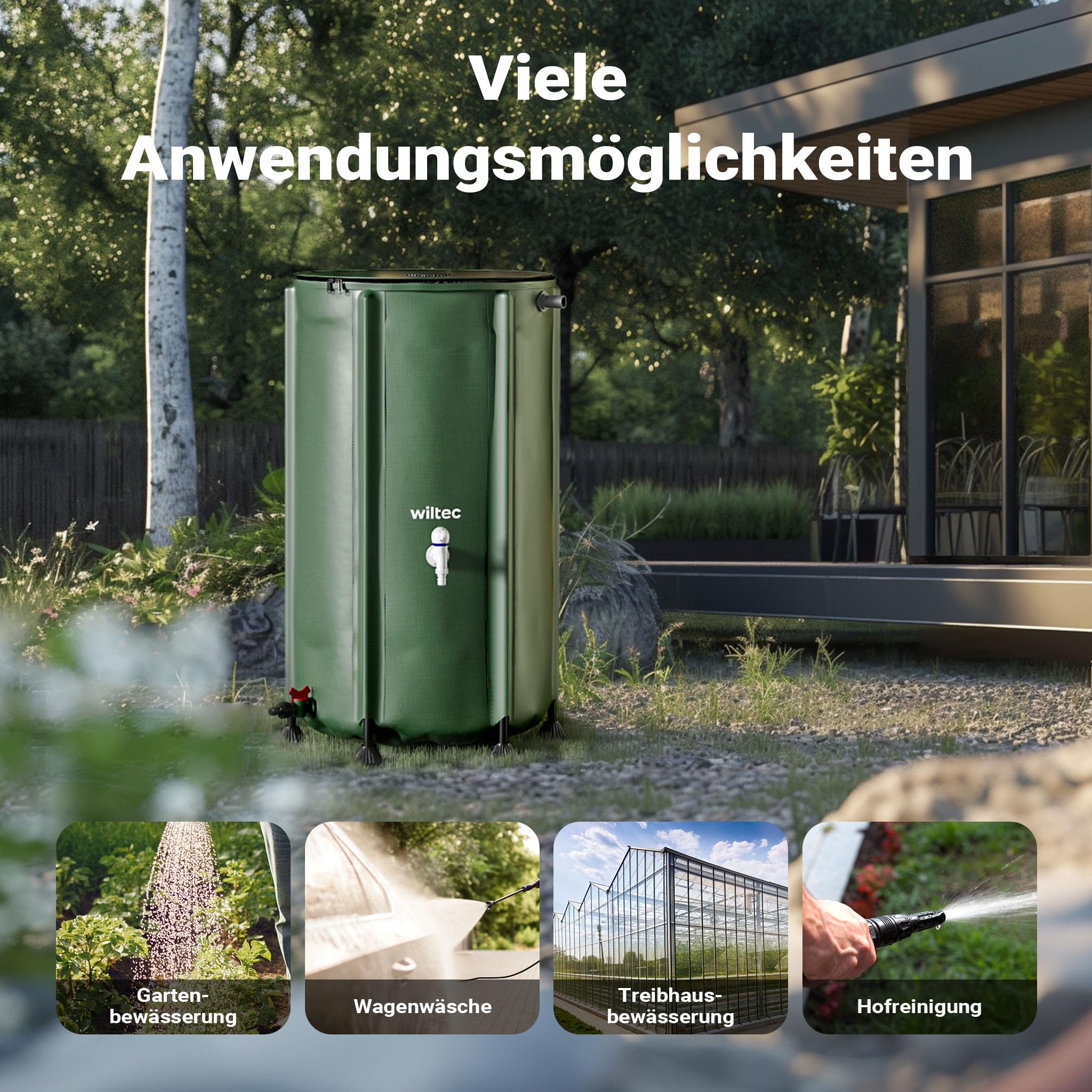 Wiltec Faltbare Regentonne 250 l mit Deckel, Regenfass aus 620 g/m² PVC, Regenwassertank mit Wasserhahn, Wasserspeicher Garten mit Schlauchanschluss