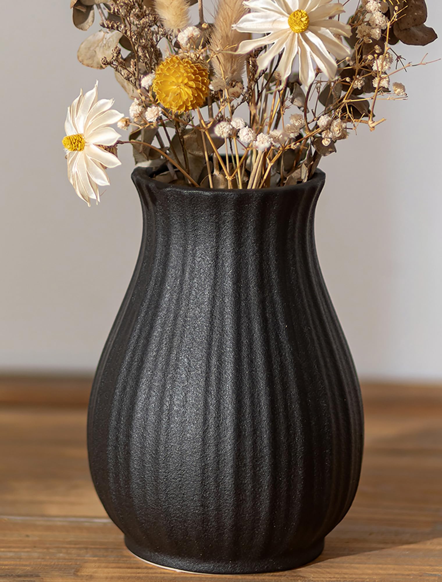 NUPTIO Black Ceramic Flower Vase: 16cm, Vertical Rib Texture