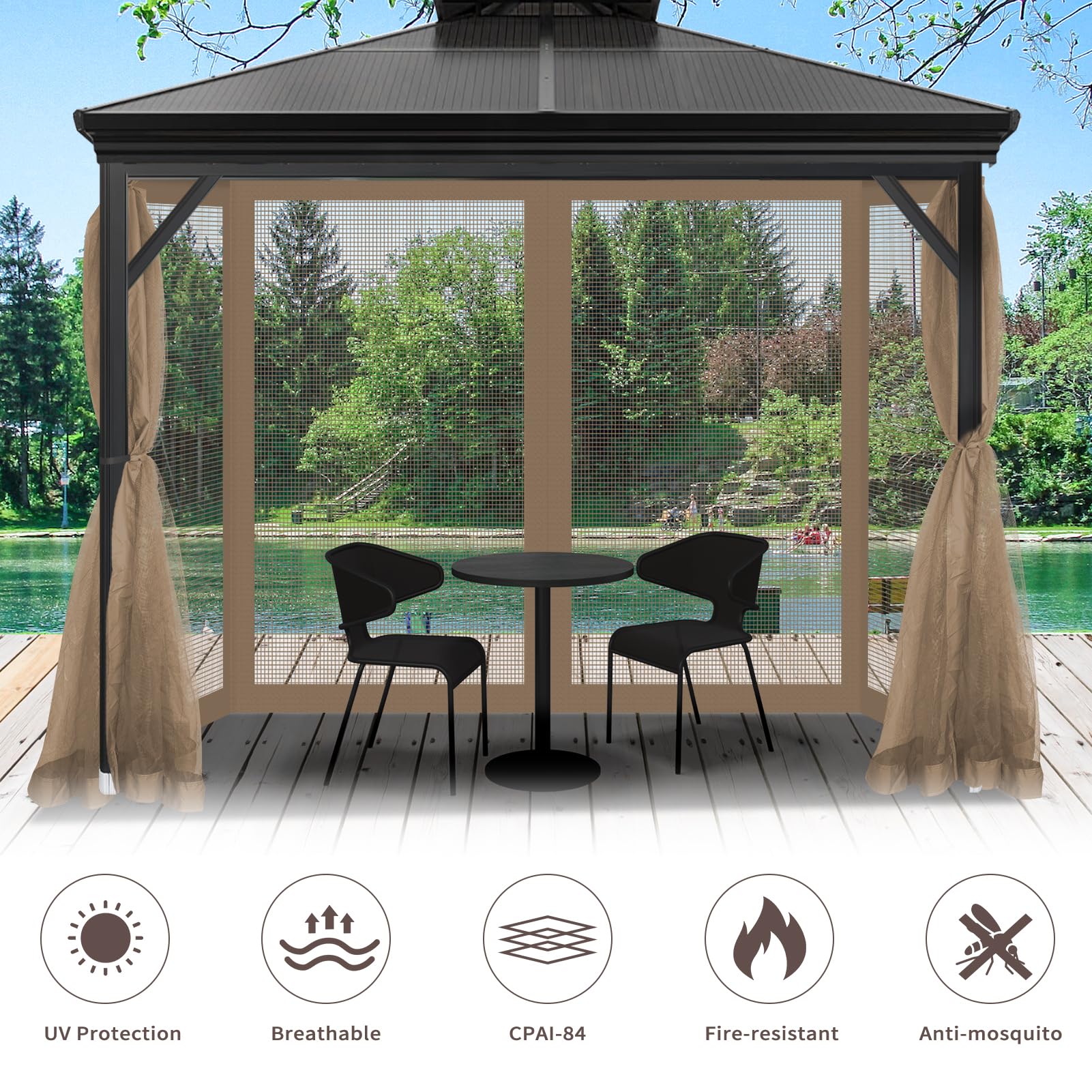Mosquitera universal de repuesto para kiosco, pantalla de toldo para exteriores, 4 paneles de pared lateral, con cremalleras, fácil de instalar, se adapta a la mayoría de toldos, patios, caqui (10 x 2