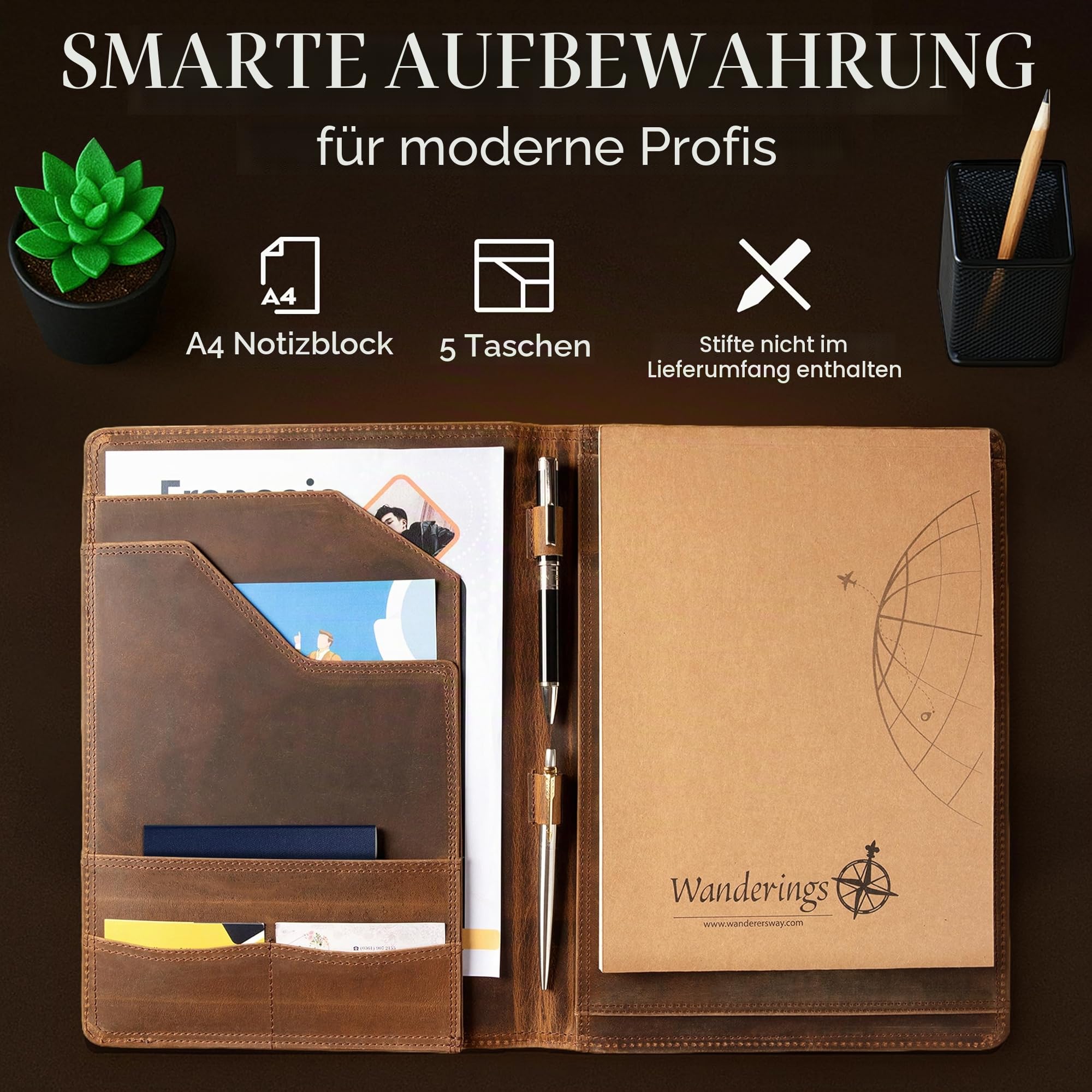 Wanderings Vintage Leder-Padfolio – 25,4 x 33 cm – Professioneller Organizer und Lebenslaufmappe, Antikleder-Dokumentenmappe mit Schreibblock Ideales für Männer und Frauen