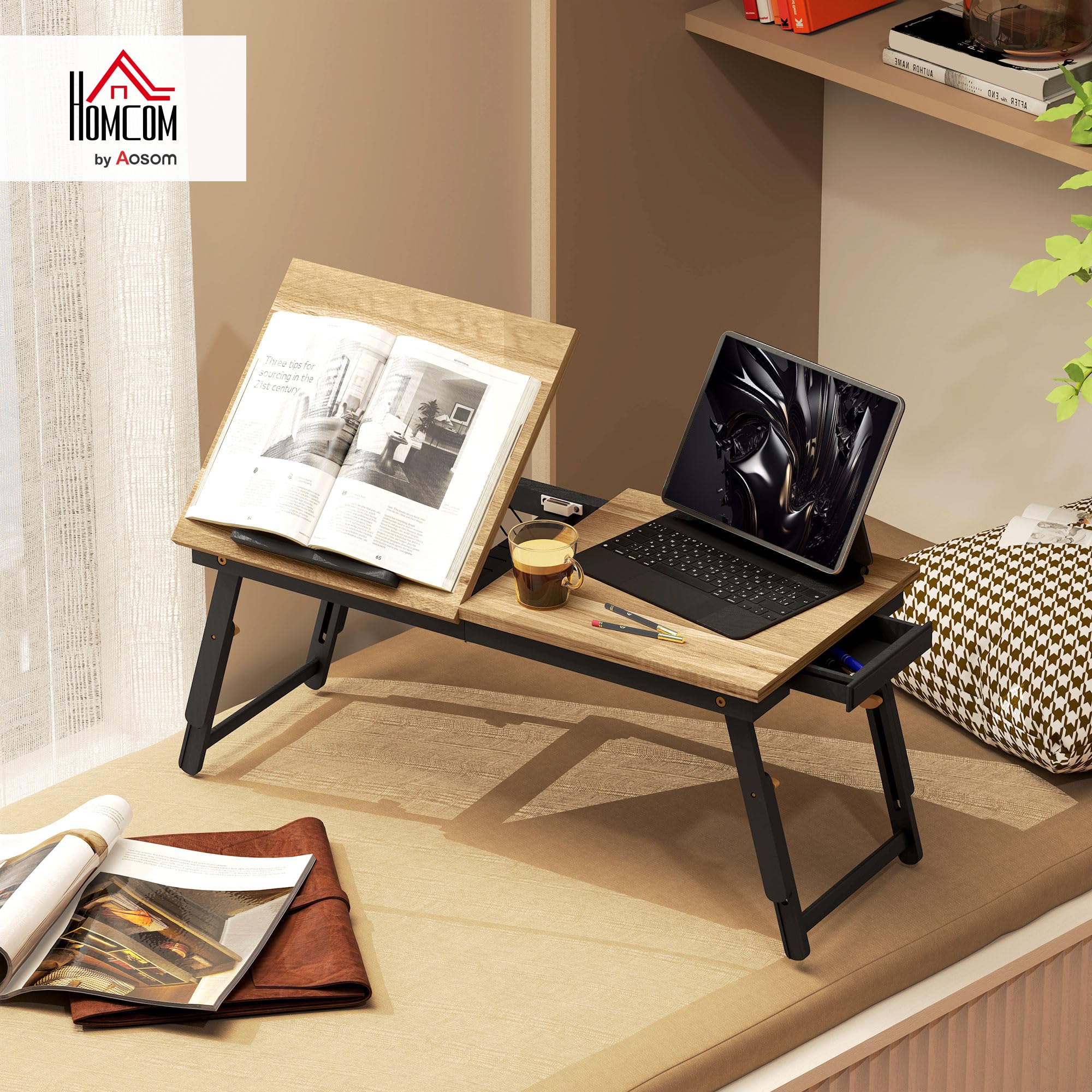 HOMCOM Składany i regulowany stolik na łóżko, blat łóżka na laptopa z półką, szufladą, bambusowe biurko do łóżka, 86 l x 33P x 22,5-32H cm, dąb