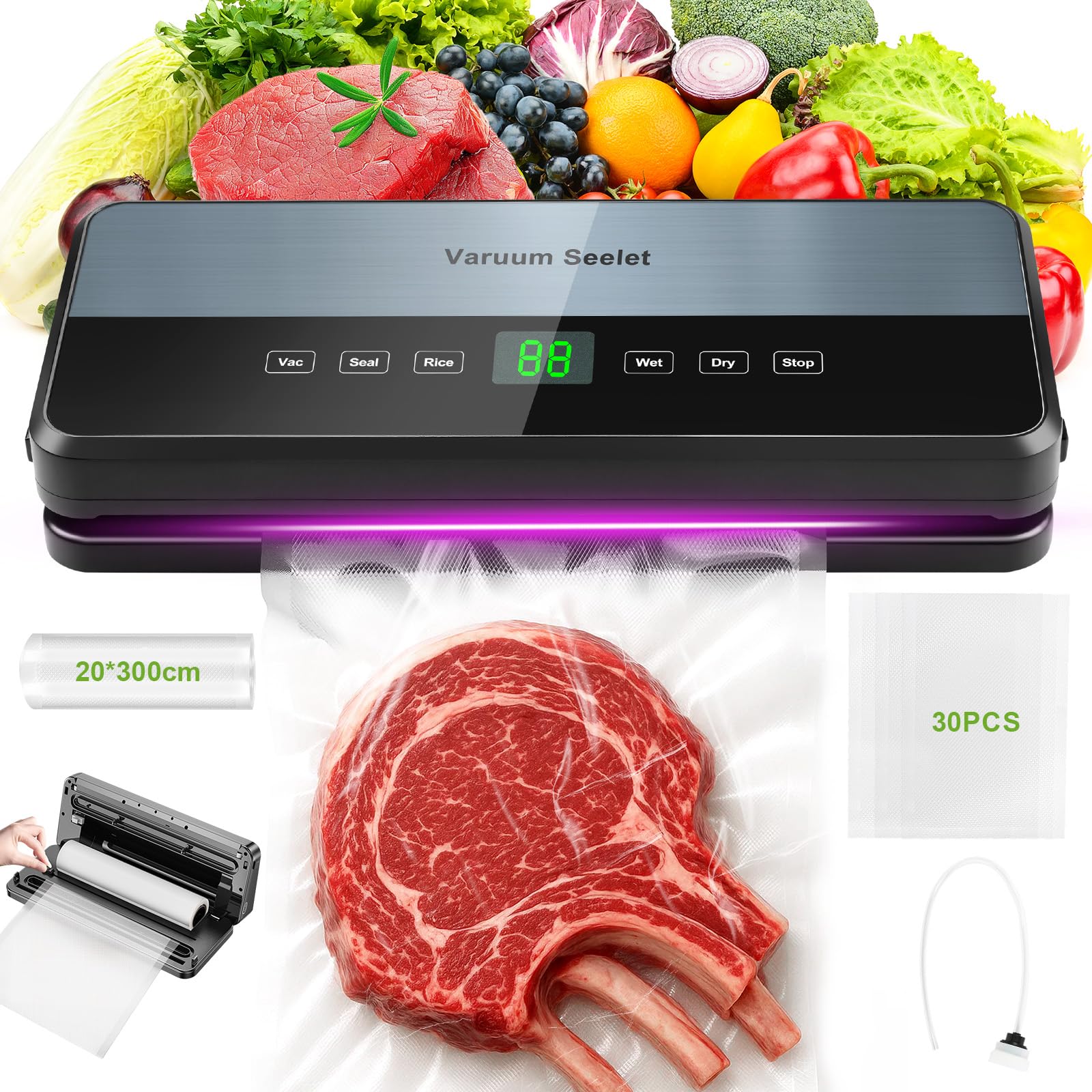 Machine Sous Vide Alimentaire 6 en 1, Sous Videuse Alimentaire pour le Mode Sec/Moist Avec Tuyau D'aspiration D'air, Coupeur Intégré et Rangement du Sac, 1 Rouleau de Sacs, 30 Sacs