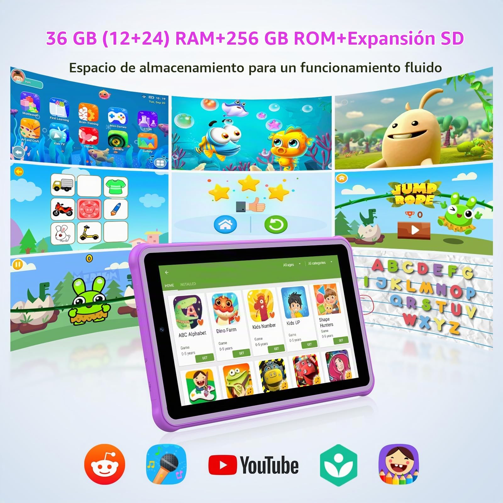 Android 15 7" Tableta para niños, 36GB RAM 256GB ROM (SD Expandible), Control Parental, Pantalla FHD, 6580mAh, 5MP+2MP, WiFi 6, Bluetooth 5, Tableta Educativa (Rosa)