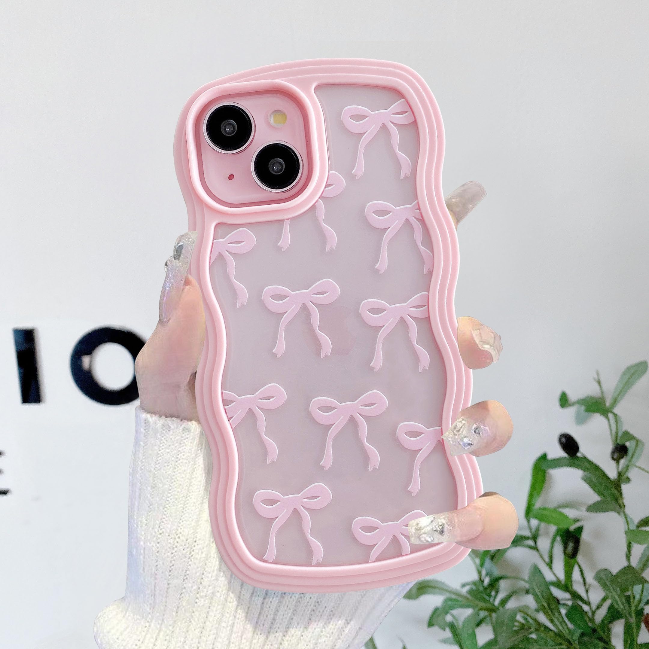 QLTYPRI for iPhone 14 Plus/iPhone 15 Plus Case, Cute Clear Ribbon Bow Tie Aesthetic Phone Case, Curly Wave Frame Slim Soft Transparent Shockproof Protective Phone Cover for Women Girls - Pink