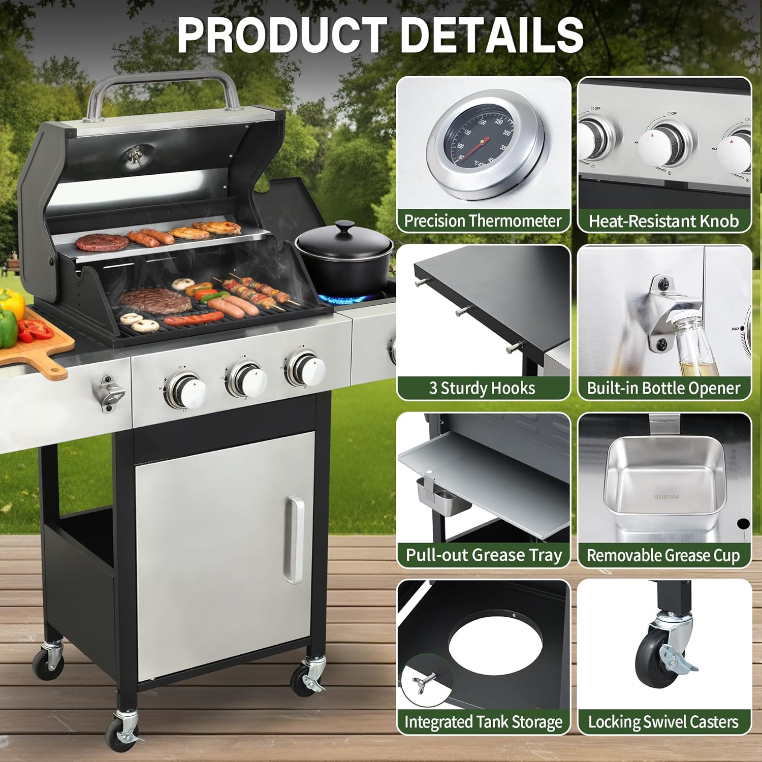 Gas Grill with Side Burner, 3-Burner Propane Grill with Porcelain-Enameled Cast Iron Grates and Double-Wall Insulated Lid, 39,000 BTU BBQ Grill with Wheels for Outdoor Cooking