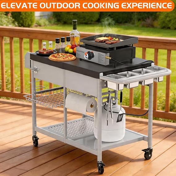ピザオーブンテーブル、グリルカートテーブル Blackstone Griddle Pit Boss用 ポータブルグリル 卓上スモーカー アウトドア ピザオーブンスタンド ニンジャ、クイジナート、ゴズニー、屋外調理バーベキュー準備テーブルステーションに適合