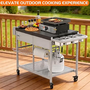 ピザオーブンテーブル、グリルカートテーブル Blackstone Griddle Pit Boss用 ポータブルグリル 卓上スモーカー アウトドア ピザオーブンスタンド ニンジャ、クイジナート、ゴズニー、屋外調理バーベキュー準備テーブルステーションに適合
