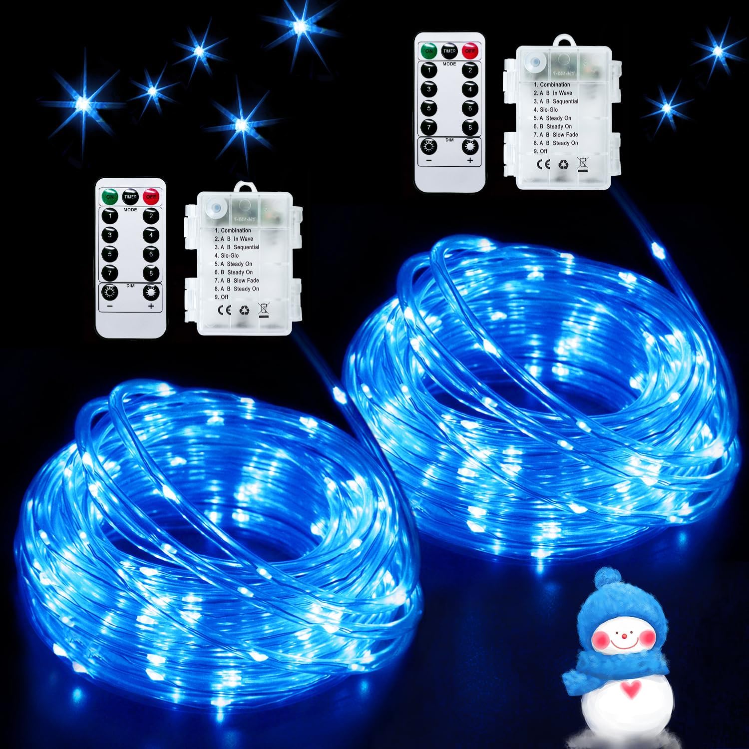 JMEXSUSS 2 Pack Blue Rope Lights Battery Operated String