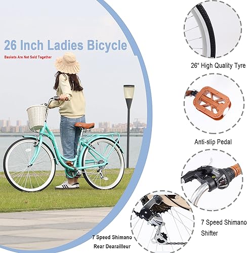 Vista 18 de Bicicleta de crucero de 26 pulgadas, Bicicleta clásica de 7 velocidades, Bicicleta de mujer, Bicicleta de ciudad con marco de acero Crema