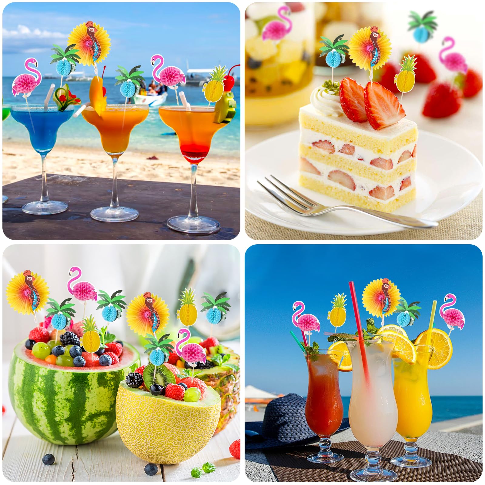 Decorazioni per Cocktail, 100 PCS Decorazioni Cocktail Estate, Decorazione Cocktail Spiaggia, Spiedini da Cocktail con Fenicottero, Ananas, Pavone, Albero di Cocco per Feste in Spiaggia