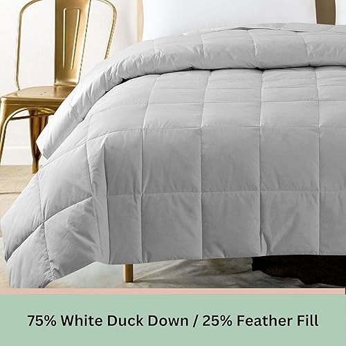 Miniatura 2 de Feather and Loom - Manta de plumón de pato blanco de 233 hilos, cubierta de algodón transpirable, relleno de plumón de 600 hilos, color gris, tamaño