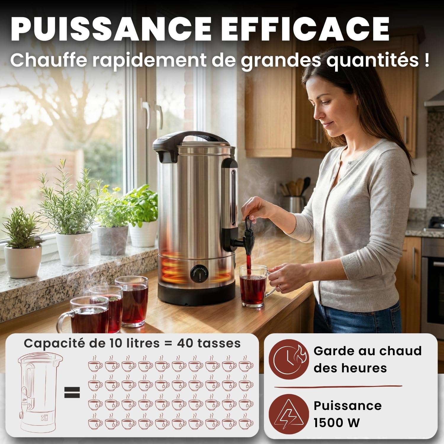 Heimfleiss® Machine à Vin Chaud 10 L en Acier Inoxydable 1500 W | Marmite à Vin Chaud avec Robinet, Thermostat et Protection Surchauffe | Distributeur Eau Chaude et Boissons Chaudes | Argent