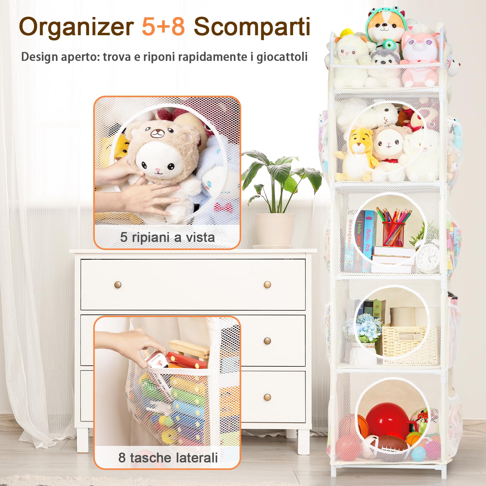 Porta Peluche, 42x42x162cm Porta Giochi Bambini, 5 Ripiani & 8 Tasche Laterali, Contenitore Giochi Bambini (Beige)
