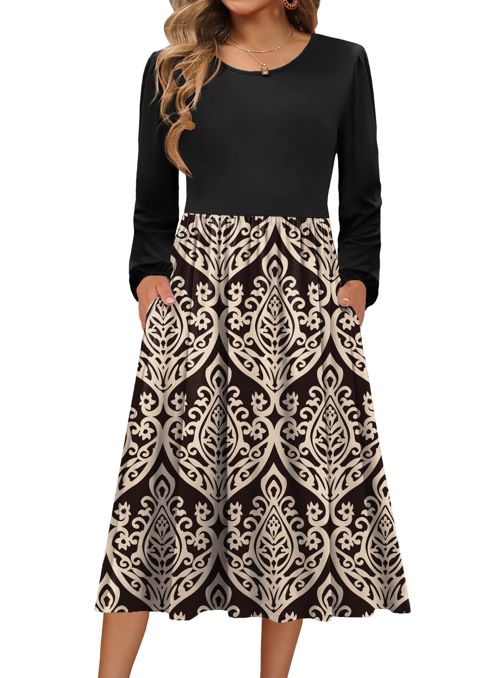 Zeagoo Damen Kleid Langarm Rundhals Herbst Kleider A-Linie MidiKleid Tunika Herbstkleid Freizeitkleid mit Taschen